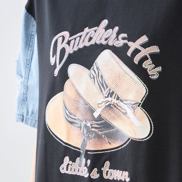 ハットプリント デニムスリーブ トップス Tシャツ 半袖 異素材ミックス 綿100% ゆったり 春 夏