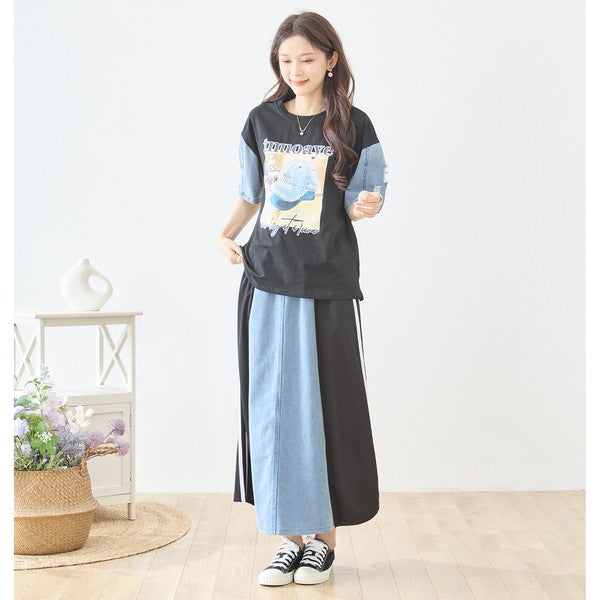 デニム 切替スカート サイドライン フレア ロング丈 ウエストゴム スポーティー カジュアル