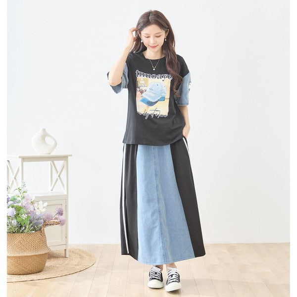 デニム 切替スカート サイドライン フレア ロング丈 ウエストゴム スポーティー カジュアル