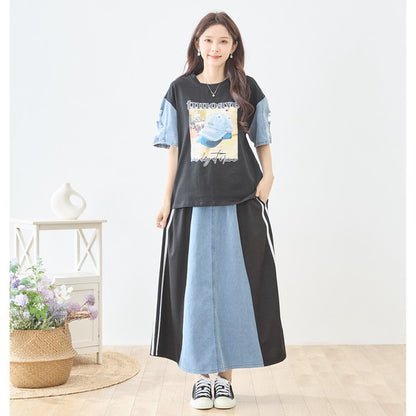 デニム 切替スカート サイドライン フレア ロング丈 ウエストゴム スポーティー カジュアル