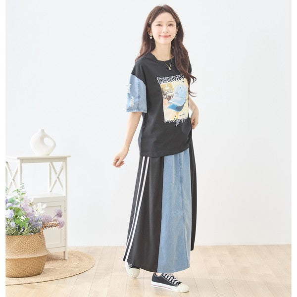 デニム 切替スカート サイドライン フレア ロング丈 ウエストゴム スポーティー カジュアル