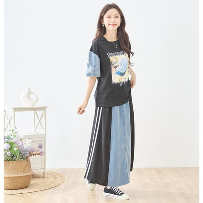 デニム 切替スカート サイドライン フレア ロング丈 ウエストゴム スポーティー カジュアル