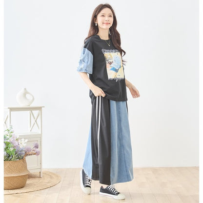 デニム 切替スカート サイドライン フレア ロング丈 ウエストゴム スポーティー カジュアル