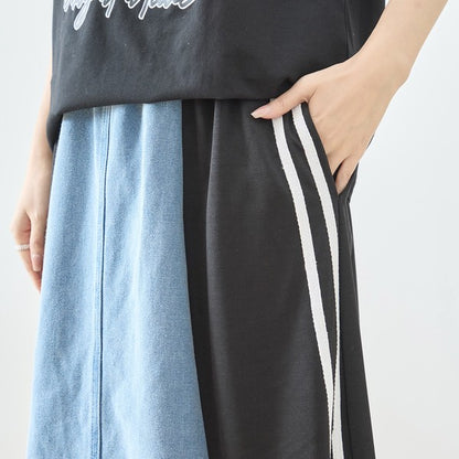 デニム 切替スカート サイドライン フレア ロング丈 ウエストゴム スポーティー カジュアル