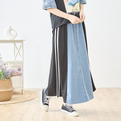 デニム 切替スカート サイドライン フレア ロング丈 ウエストゴム スポーティー カジュアル