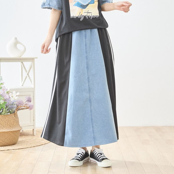 デニム 切替スカート サイドライン フレア ロング丈 ウエストゴム スポーティー カジュアル