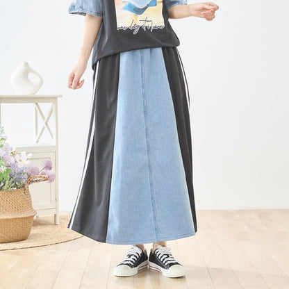 デニム 切替スカート サイドライン フレア ロング丈 ウエストゴム スポーティー カジュアル
