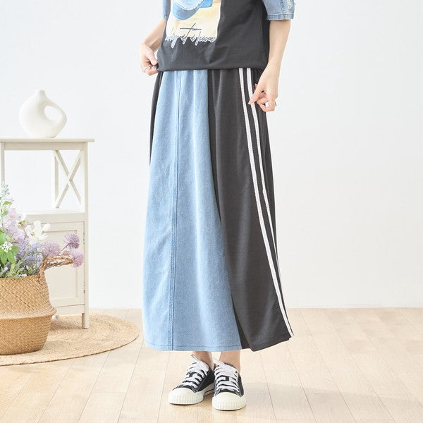 デニム 切替スカート サイドライン フレア ロング丈 ウエストゴム スポーティー カジュアル