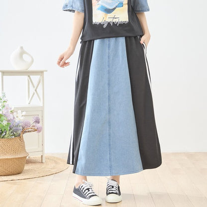 デニム 切替スカート サイドライン フレア ロング丈 ウエストゴム スポーティー カジュアル