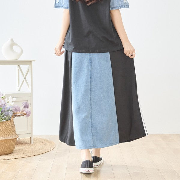デニム 切替スカート サイドライン フレア ロング丈 ウエストゴム スポーティー カジュアル