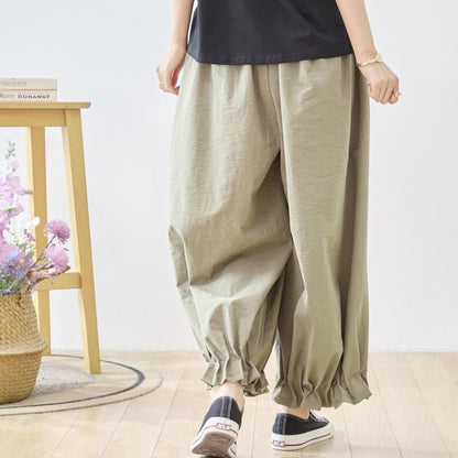 裾フリル バルーン ワイドパンツ ウエストゴム ジョガーパンツ ゆったり 綿混 春夏