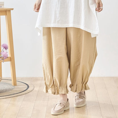 裾フリル バルーン ワイドパンツ ウエストゴム ジョガーパンツ ゆったり 綿混 春夏