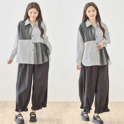 裾フリル バルーン ワイドパンツ ウエストゴム ジョガーパンツ ゆったり 綿混 春夏