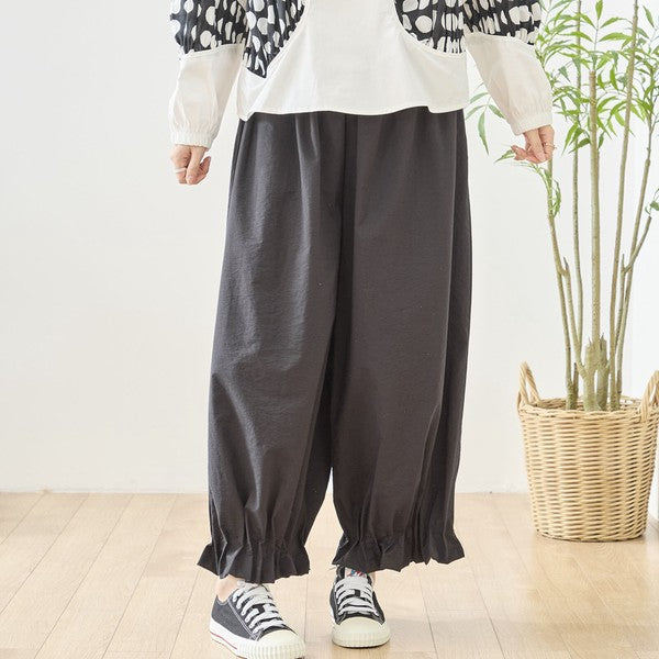 裾フリル バルーン ワイドパンツ ウエストゴム ジョガーパンツ ゆったり 綿混 春夏