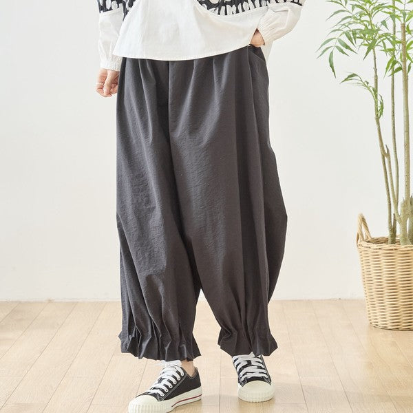 裾フリル バルーン ワイドパンツ ウエストゴム ジョガーパンツ ゆったり 綿混 春夏