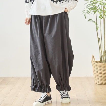 裾フリル バルーン ワイドパンツ ウエストゴム ジョガーパンツ ゆったり 綿混 春夏