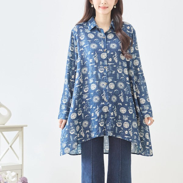 ヴィンテージ風 プリント ロングシャツ チュニック ゆったり 体型カバー 綿100 L-LL