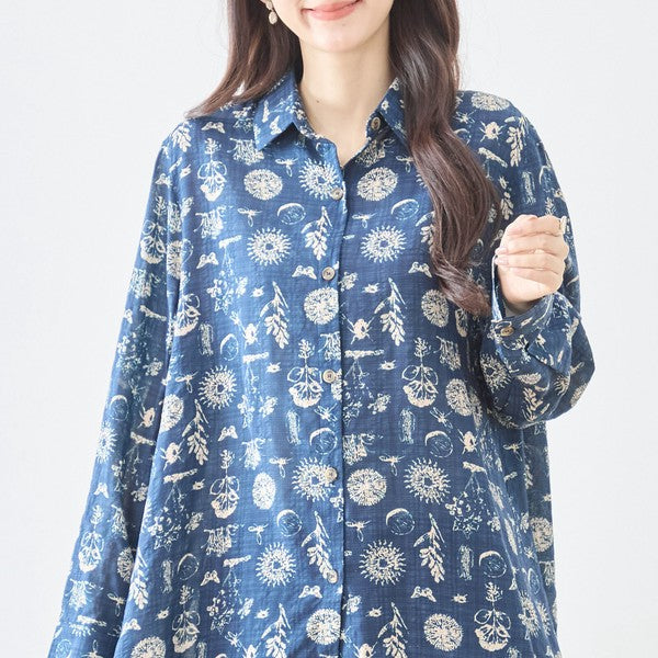 ヴィンテージ風 プリント ロングシャツ チュニック ゆったり 体型カバー 綿100 L-LL