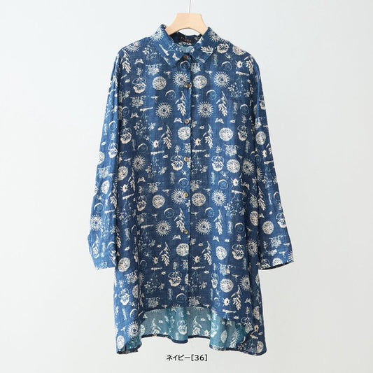 ヴィンテージ風 プリント ロングシャツ チュニック ゆったり 体型カバー 綿100 L-LL