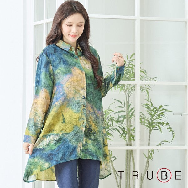 アート柄 プリント ロングシャツ チュニック 長袖 綿100 L～LL 前後差