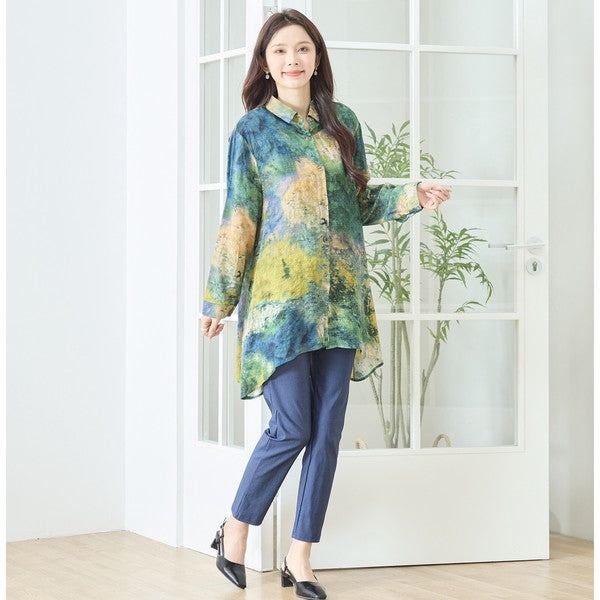 アート柄 プリント ロングシャツ チュニック 長袖 綿100 L～LL 前後差