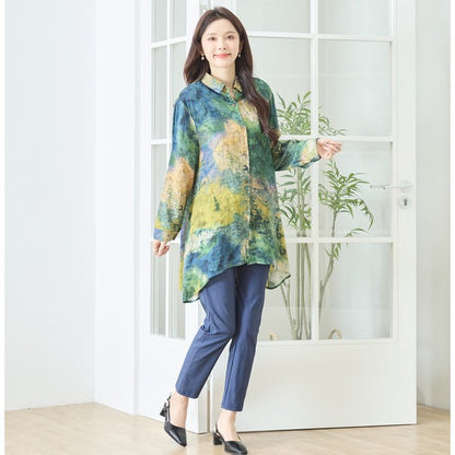 アート柄 プリント ロングシャツ チュニック 長袖 綿100 L～LL 前後差