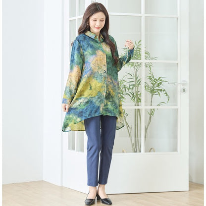 アート柄 プリント ロングシャツ チュニック 長袖 綿100 L～LL 前後差