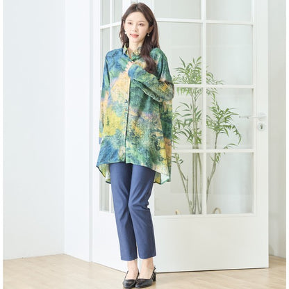 アート柄 プリント ロングシャツ チュニック 長袖 綿100 L～LL 前後差