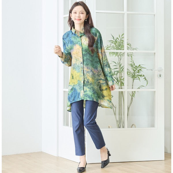 アート柄 プリント ロングシャツ チュニック 長袖 綿100 L～LL 前後差