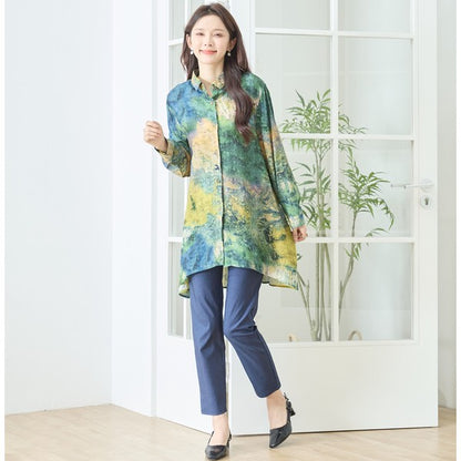 アート柄 プリント ロングシャツ チュニック 長袖 綿100 L～LL 前後差