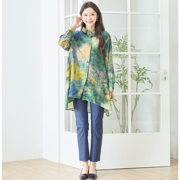 アート柄 プリント ロングシャツ チュニック 長袖 綿100 L～LL 前後差