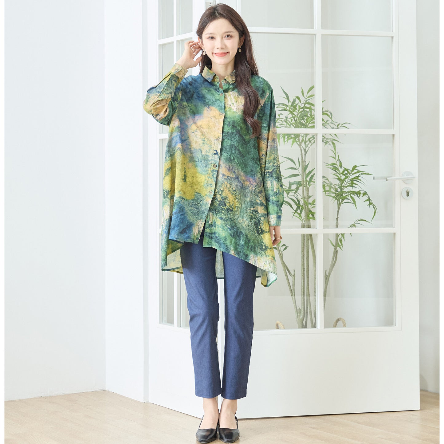 アート柄 プリント ロングシャツ チュニック 長袖 綿100 L～LL 前後差