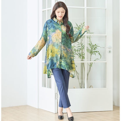 アート柄 プリント ロングシャツ チュニック 長袖 綿100 L～LL 前後差