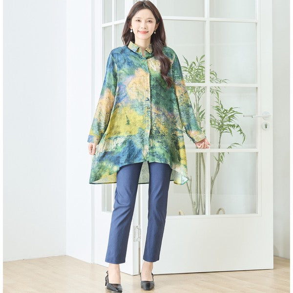 アート柄 プリント ロングシャツ チュニック 長袖 綿100 L～LL 前後差