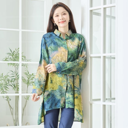 アート柄 プリント ロングシャツ チュニック 長袖 綿100 L～LL 前後差