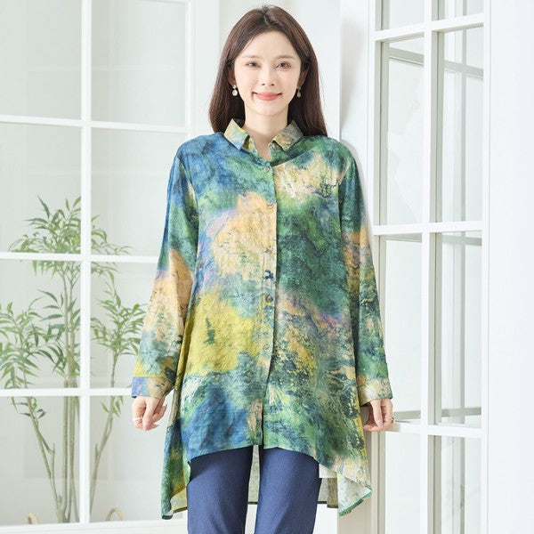 アート柄 プリント ロングシャツ チュニック 長袖 綿100 L～LL 前後差