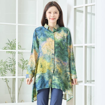 アート柄 プリント ロングシャツ チュニック 長袖 綿100 L～LL 前後差