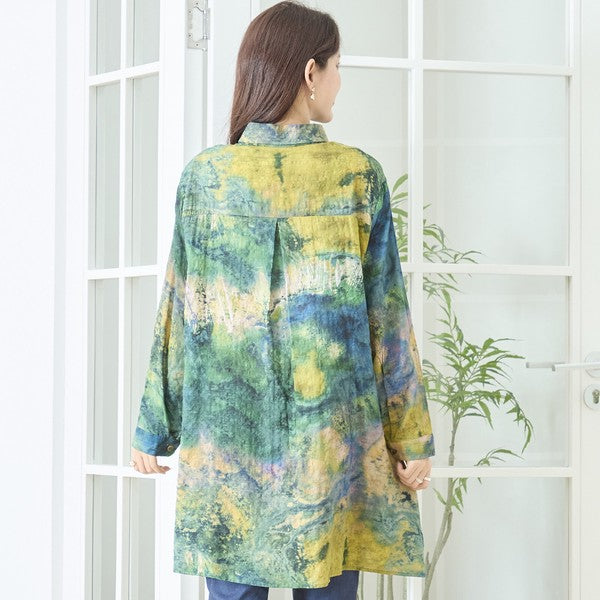 アート柄 プリント ロングシャツ チュニック 長袖 綿100 L～LL 前後差