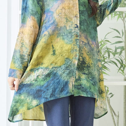 アート柄 プリント ロングシャツ チュニック 長袖 綿100 L～LL 前後差