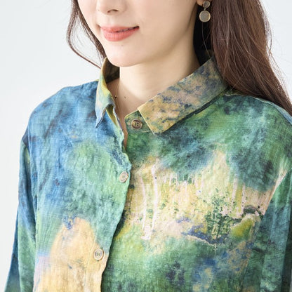 アート柄 プリント ロングシャツ チュニック 長袖 綿100 L～LL 前後差