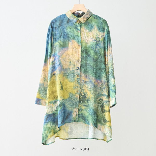アート柄 プリント ロングシャツ チュニック 長袖 綿100 L～LL 前後差