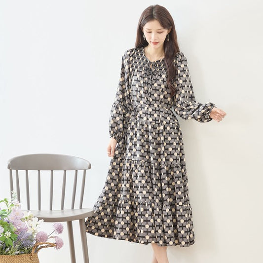 幾何学クロス柄 ロングワンピース ティアード シャーリング 長袖 リボン ゆったり 体型カバー