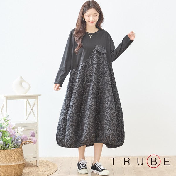 異素材切り替え バルーン ロングワンピース ジャガード風 アシンメトリー 長袖 ゆったり 体型カバー