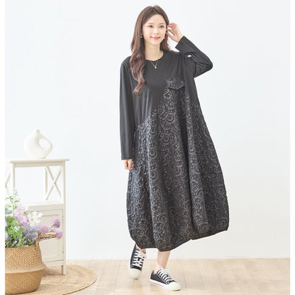 異素材切り替え バルーン ロングワンピース ジャガード風 アシンメトリー 長袖 ゆったり 体型カバー