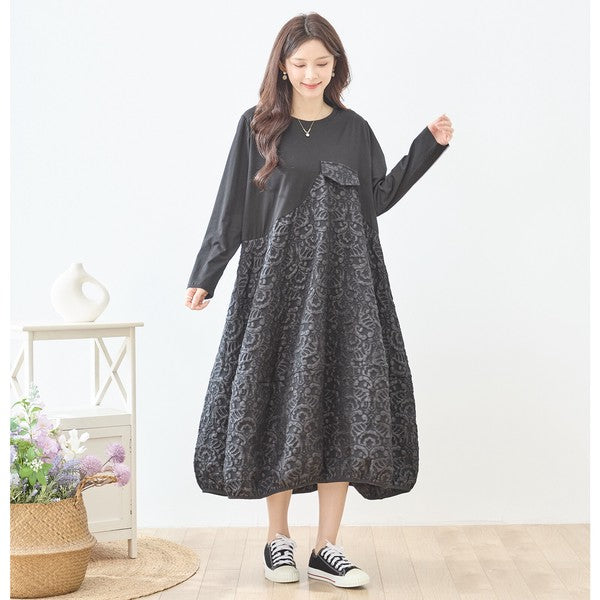 異素材切り替え バルーン ロングワンピース ジャガード風 アシンメトリー 長袖 ゆったり 体型カバー