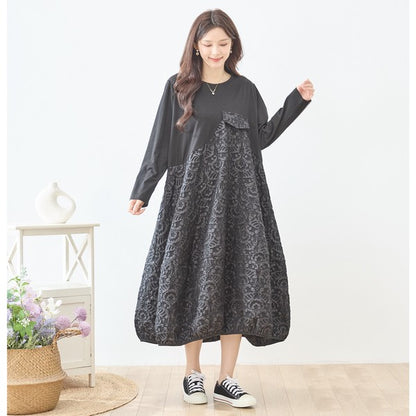 異素材切り替え バルーン ロングワンピース ジャガード風 アシンメトリー 長袖 ゆったり 体型カバー