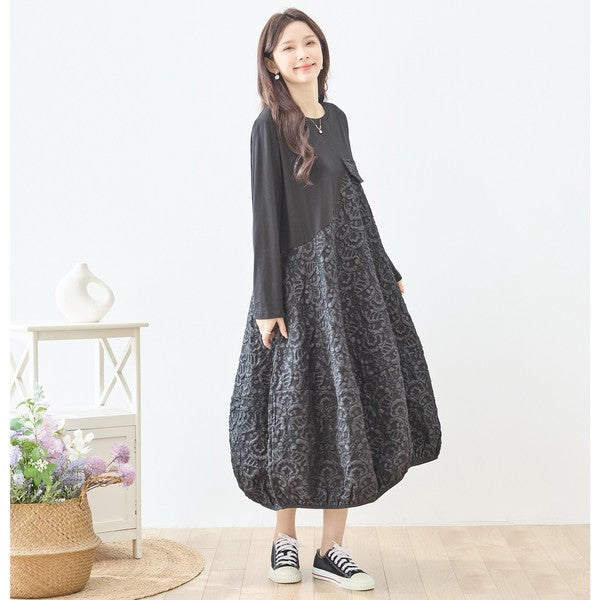 異素材切り替え バルーン ロングワンピース ジャガード風 アシンメトリー 長袖 ゆったり 体型カバー