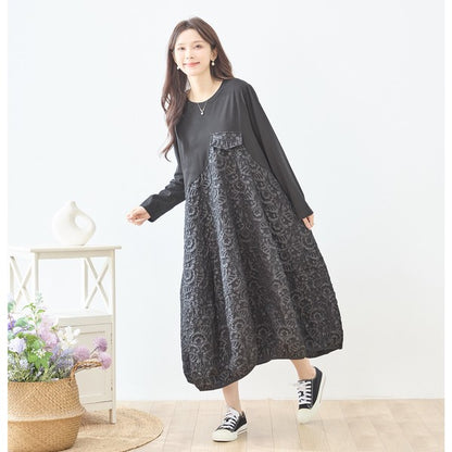 異素材切り替え バルーン ロングワンピース ジャガード風 アシンメトリー 長袖 ゆったり 体型カバー