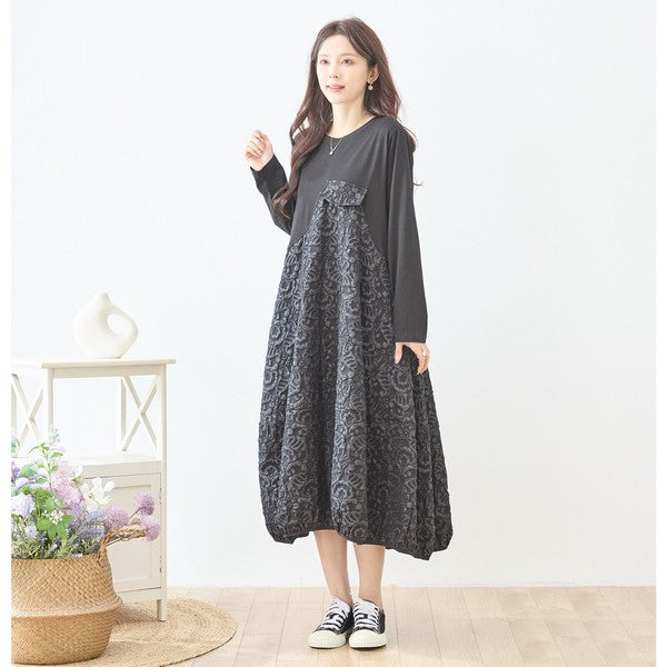 異素材切り替え バルーン ロングワンピース ジャガード風 アシンメトリー 長袖 ゆったり 体型カバー