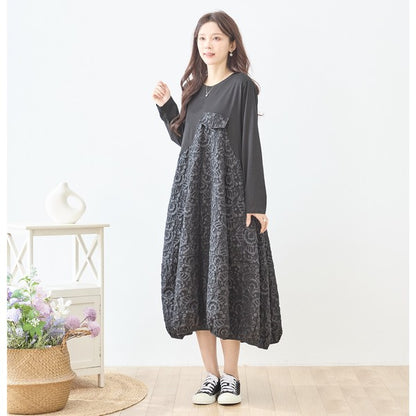 異素材切り替え バルーン ロングワンピース ジャガード風 アシンメトリー 長袖 ゆったり 体型カバー